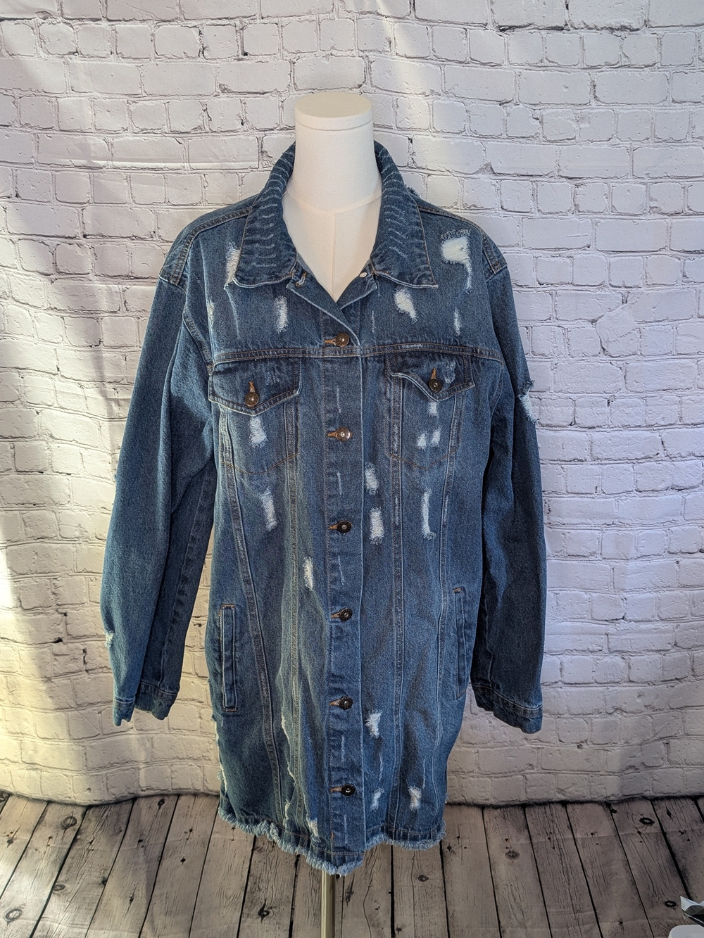 Simisue Distressed Long Blue Denim Jacket - Women's Oversized Jean Coat